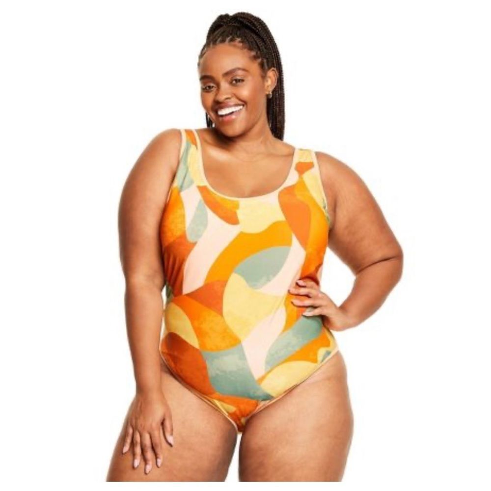Mixed Paint Print OnePiece Swimsuit Fe Noel x Target OrangeBrownPeach NWT 1X